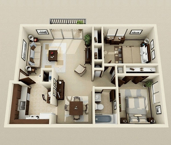Bố cục phòng căn nhà cấp 4 đơn giản với 2 phòng ngủ