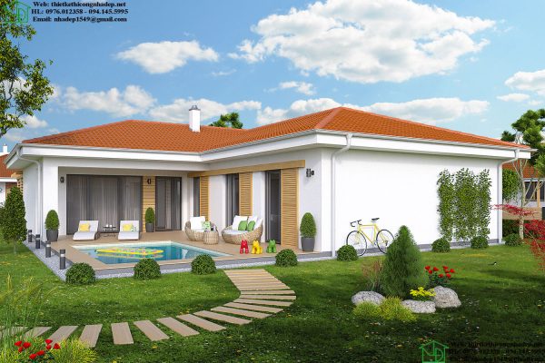Thiết kế nhà cấp 4 chữ L với hồ bơi nhỏ